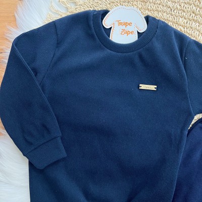 Conj. Blusa Manga Longa em Malha Cotele e Calça de Moletom - Marinho